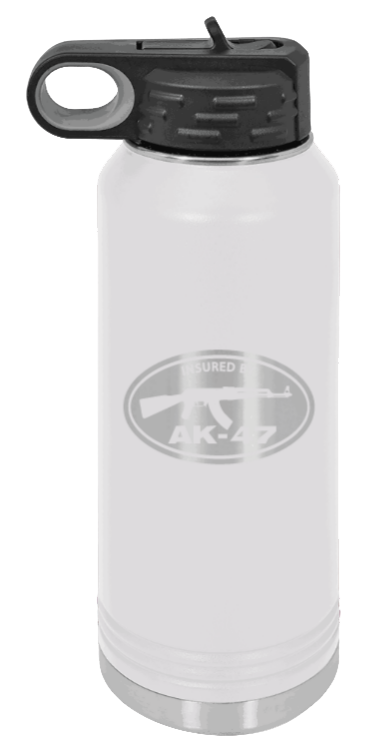 Insured By AK-47 - 32oz Water Bottle Laser Engraved- White