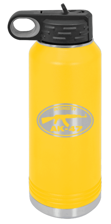 Insured By AK-47 - 32oz Water Bottle Laser Engraved- Yellow