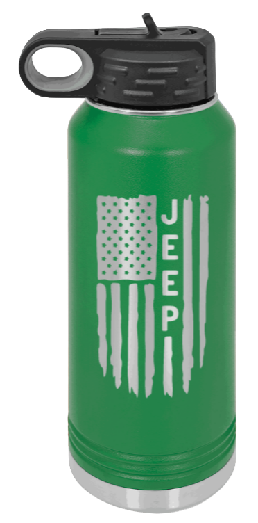 Jeep Flag - 32oz Water Bottle Laser Engraved- Green