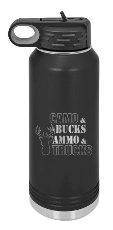 Camo and Bucks - 32oz Water Bottle- Black