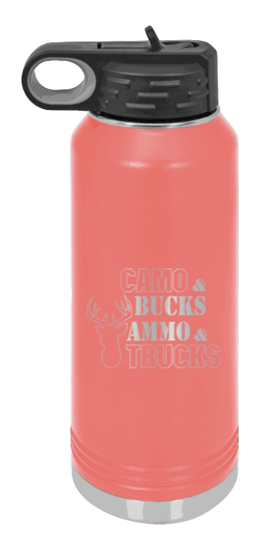 Camo and Bucks - 32oz Water Bottle- Coral
