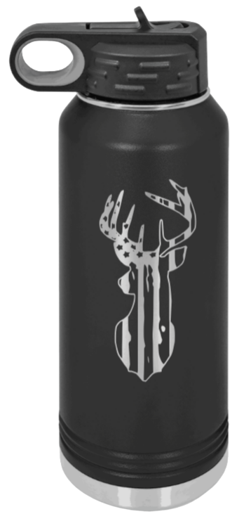 Distressed Flag Deer - 32oz Water Bottle- Black