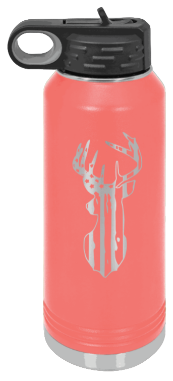 Distressed Flag Deer - 32oz Water Bottle- Coral