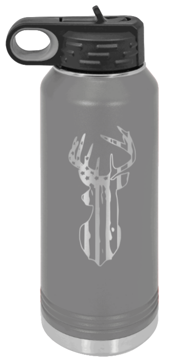 Distressed Flag Deer - 32oz Water Bottle- Dark Grey