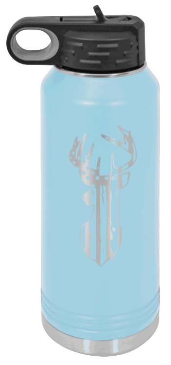 Distressed Flag Deer - 32oz Water Bottle- Light Blue