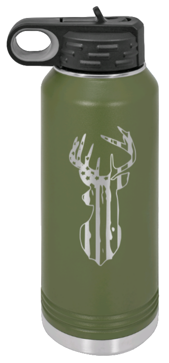 Distressed Flag Deer - 32oz Water Bottle- Olive