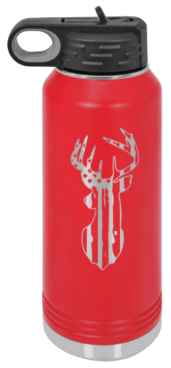 Distressed Flag Deer - 32oz Water Bottle- Red