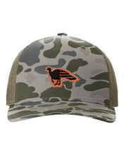 Load image into Gallery viewer, Distressed Flag Turkey Leather Patch Richardson 112 Duck Camo Hat
