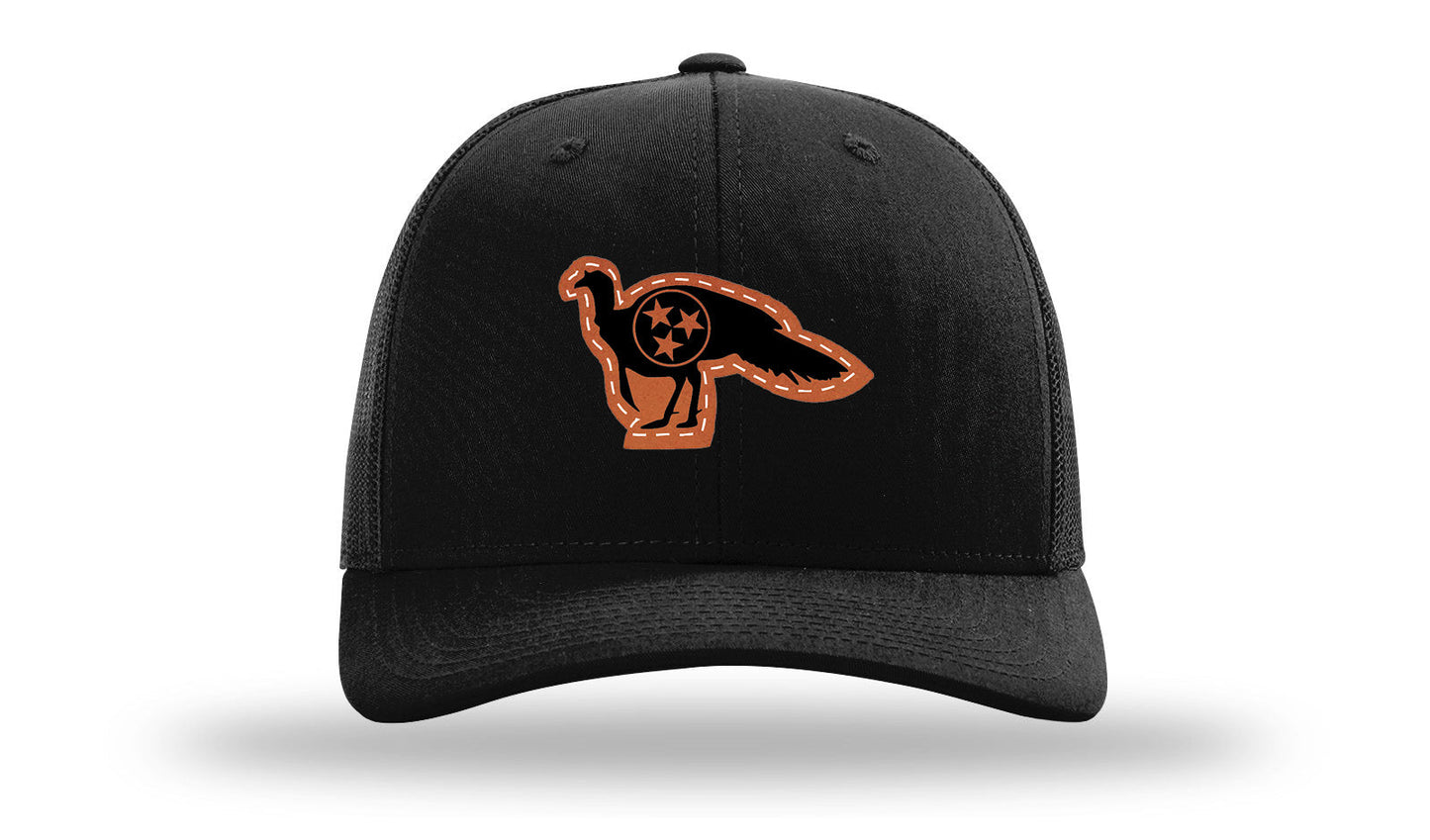 Richarson 112 Black Hat with 'Girl Dad' text Rawhide Leather Patch Hat with White stitching.