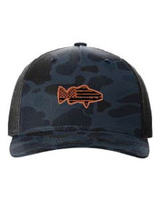 Load image into Gallery viewer, Distressed Flag Fish Leather Patch Richardson 112 Duck Camo Hat
