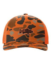 Load image into Gallery viewer, Distressed Flag Fish Leather Patch Richardson 112 Duck Camo Hat
