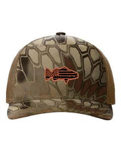 Load image into Gallery viewer, Distressed Flag Fish Leather Patch Richardson 112 Duck Camo Hat
