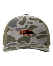 Load image into Gallery viewer, Distressed Flag Fish Leather Patch Richardson 112 Duck Camo Hat
