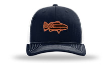 Load image into Gallery viewer, Distressed Flag Bass Leather Patch Richardson 112 Hat

