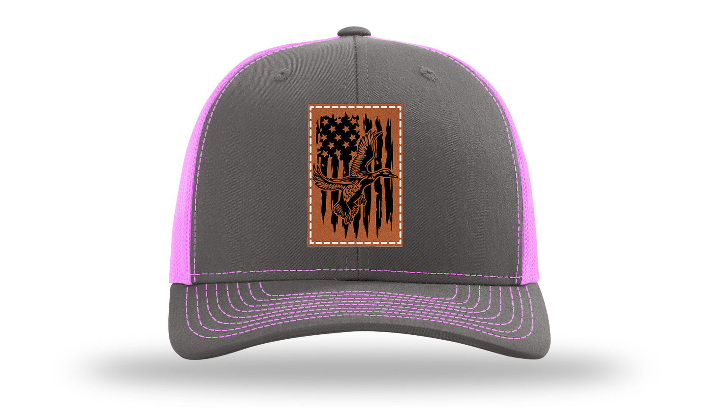Duck Flag Leather Patch Richardson 112 Hat-Charcoal / Neon Pink