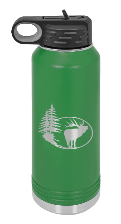 Elk in Trees - 32oz Water Bottle- Green