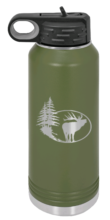 Elk in Trees - 32oz Water Bottle- Olive