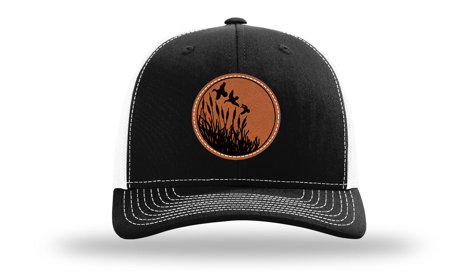 Ducks Fly Over Reeds Leather Patch Richardson 112 Hat-Black / White