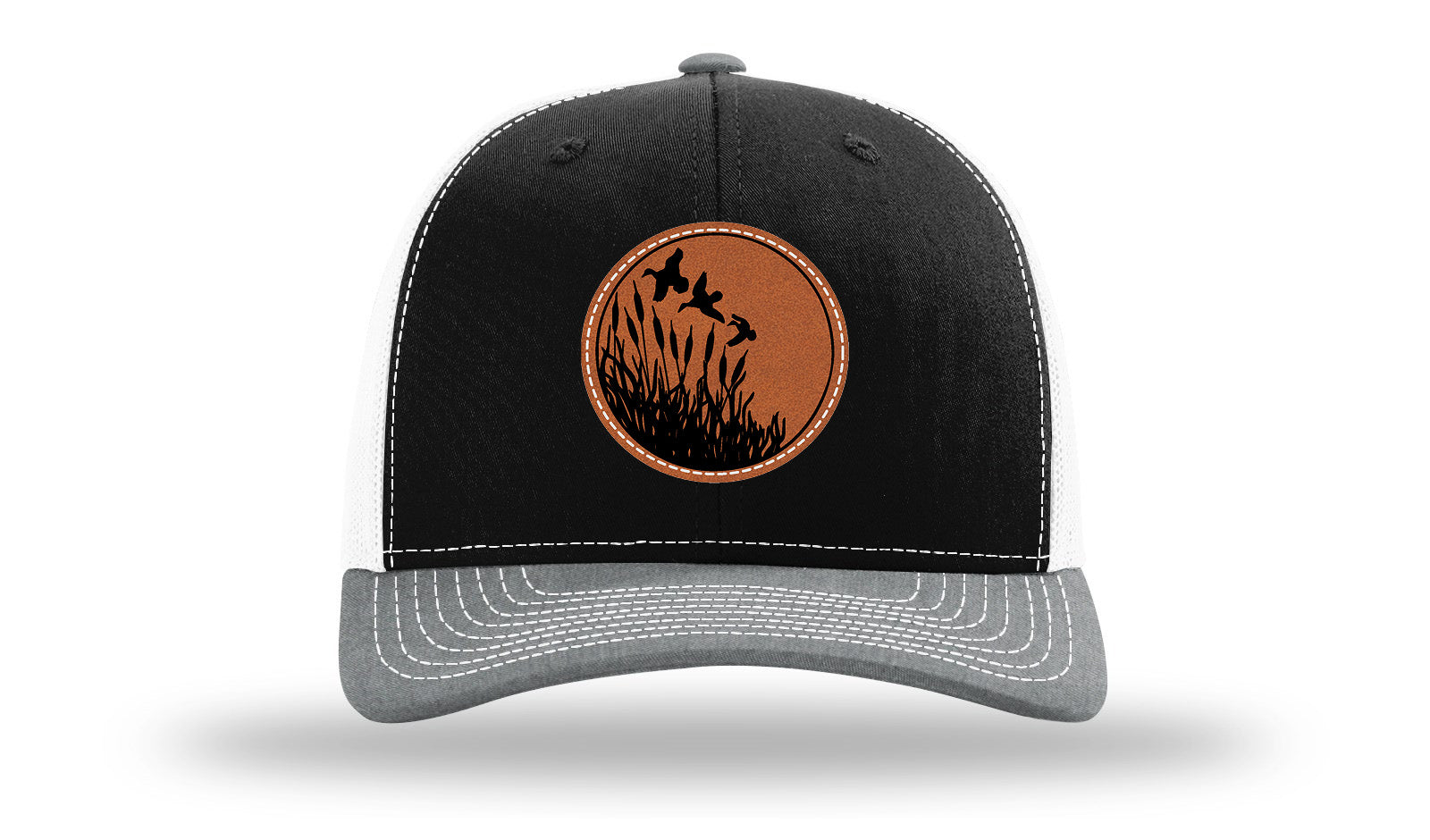 Ducks Fly Over Reeds Leather Patch Richardson 112 Hat-Black / White / Heather Grey