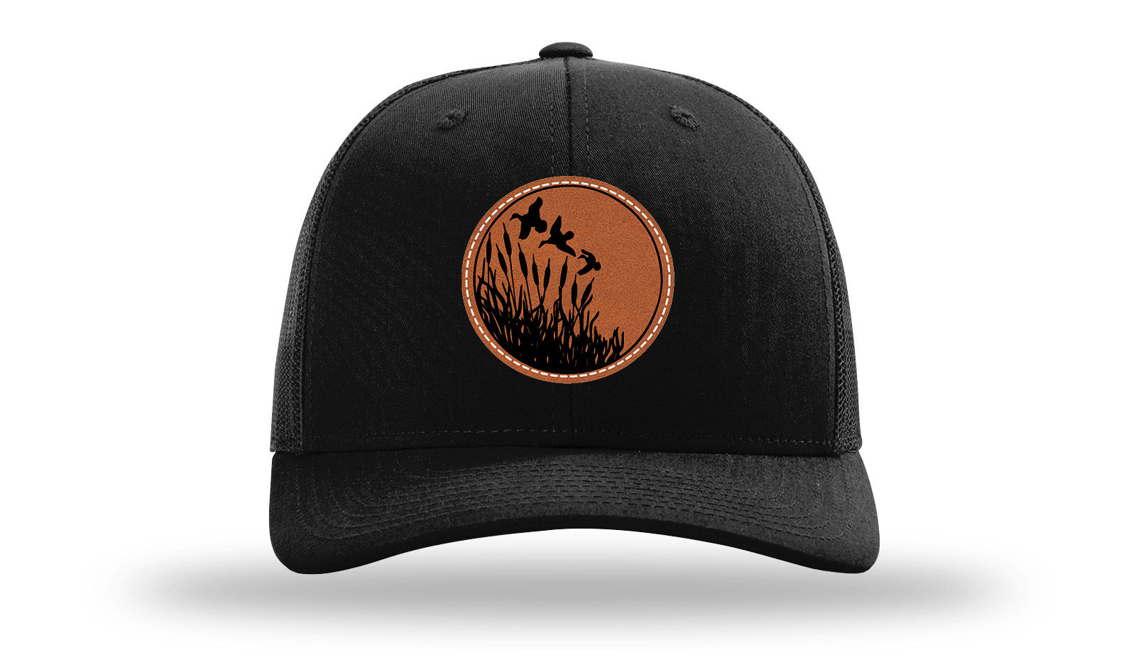 Ducks Fly Over Reeds Leather Patch Richardson 112 Hat-Black