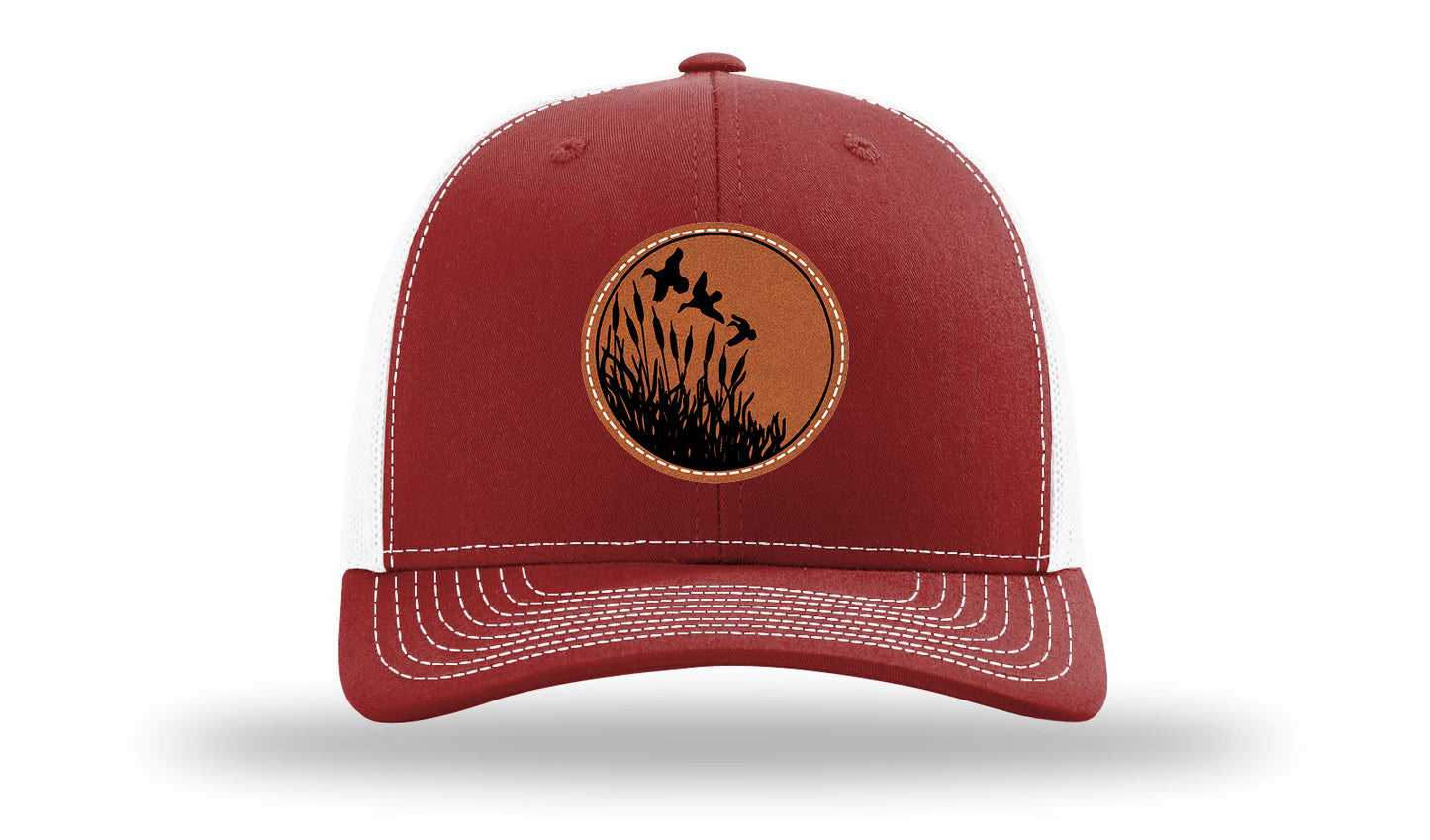 Ducks Fly Over Reeds Leather Patch Richardson 112 Hat-Cardinal / White