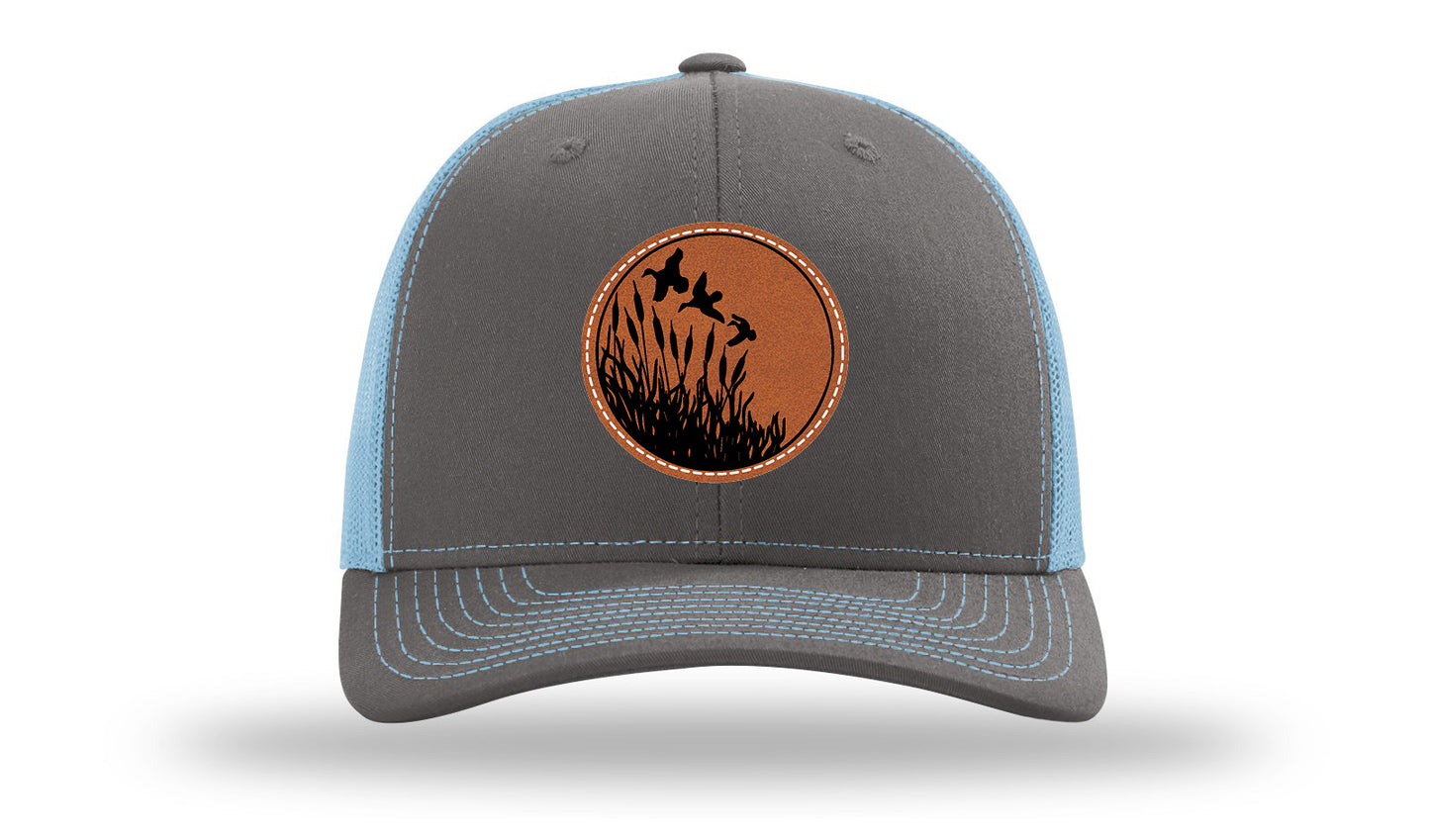 Ducks Fly Over Reeds Leather Patch Richardson 112 Hat-Charcoal / Columbia Blue