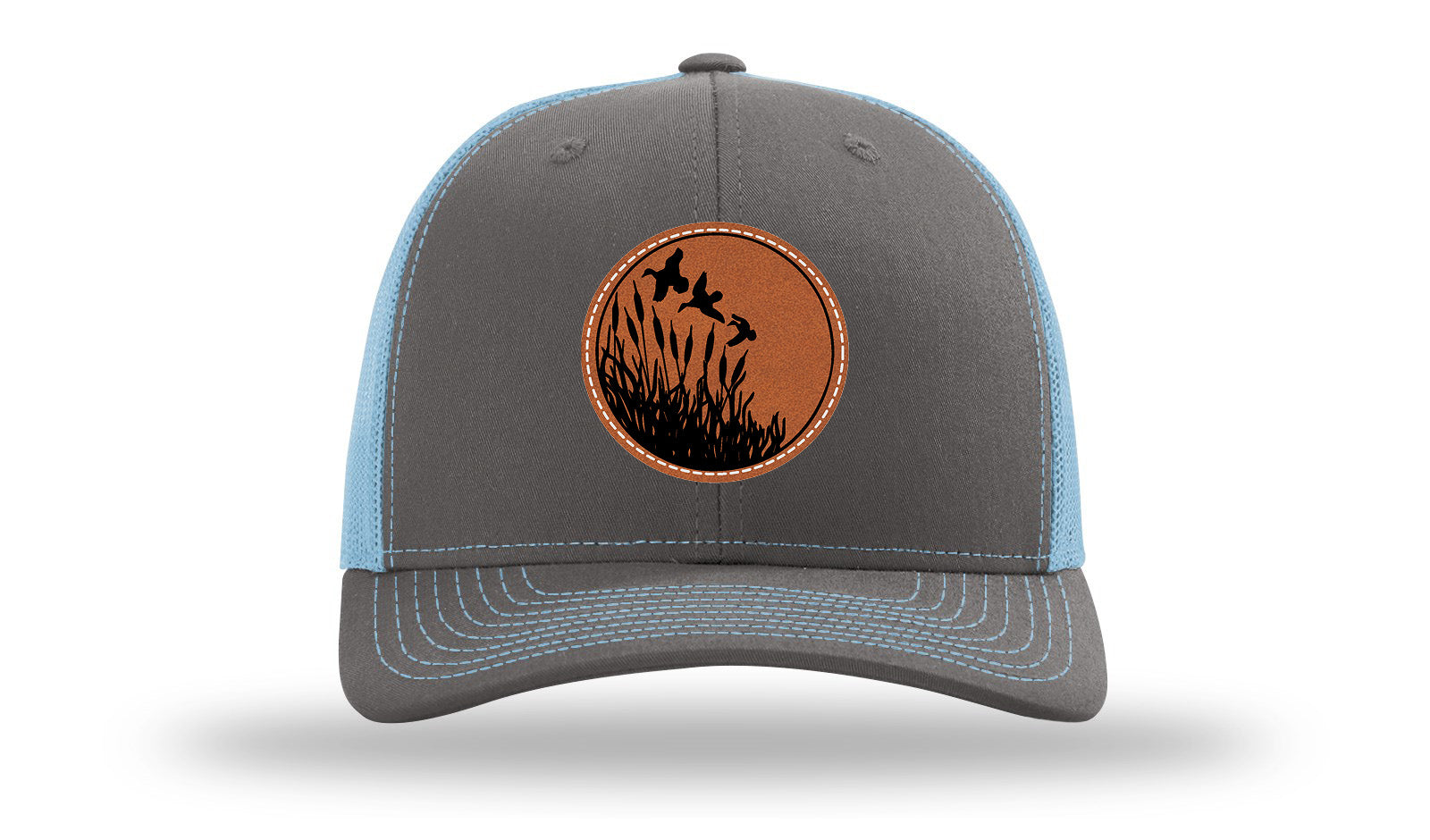 Ducks Fly Over Reeds Leather Patch Richardson 112 Hat-Charcoal / Columbia Blue