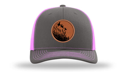 Ducks Fly Over Reeds Leather Patch Richardson 112 Hat-Charcoal / Neon Pink