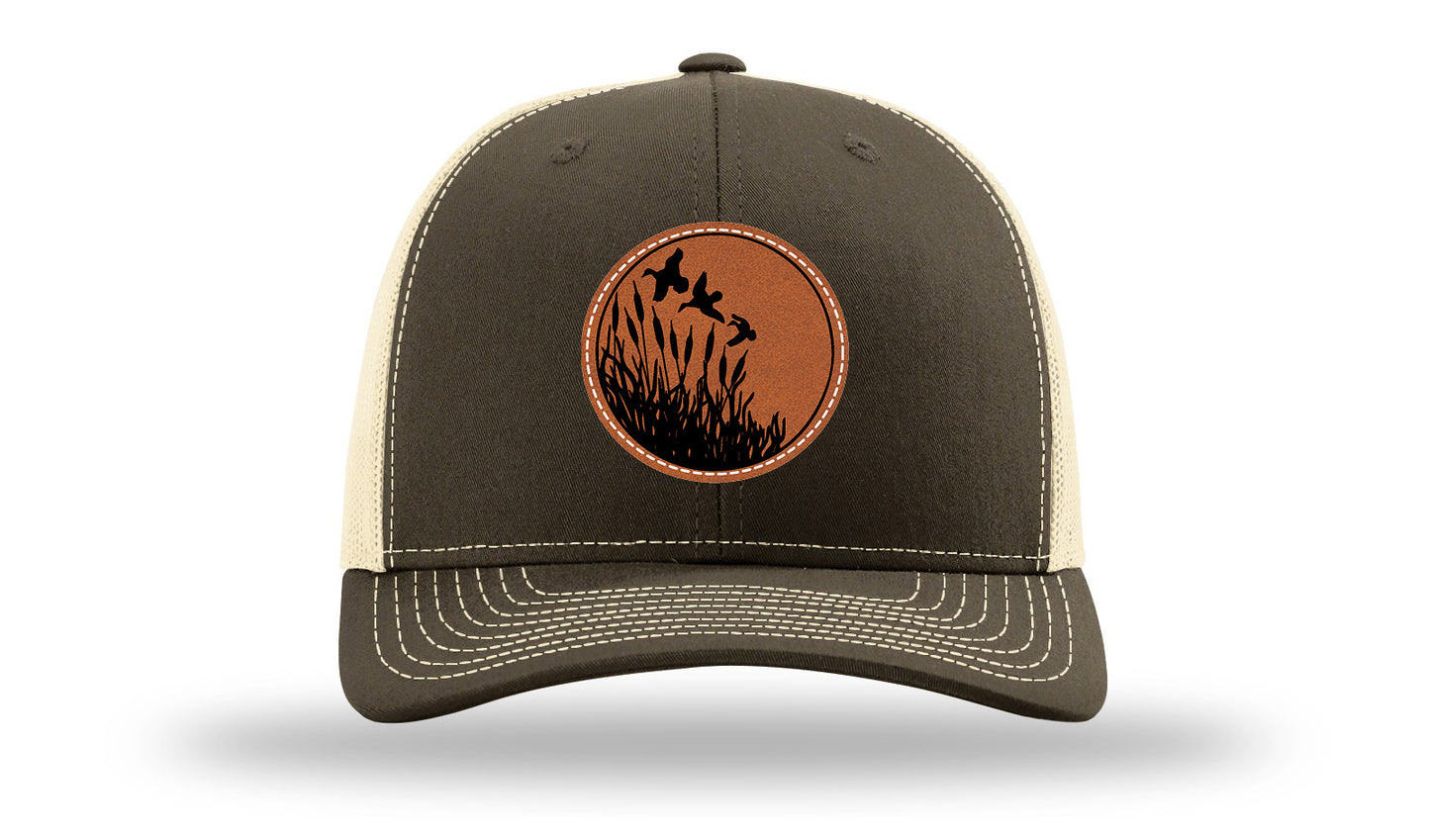 Ducks Fly Over Reeds Leather Patch Richardson 112 Hat-Chocolate Chip/  Birch