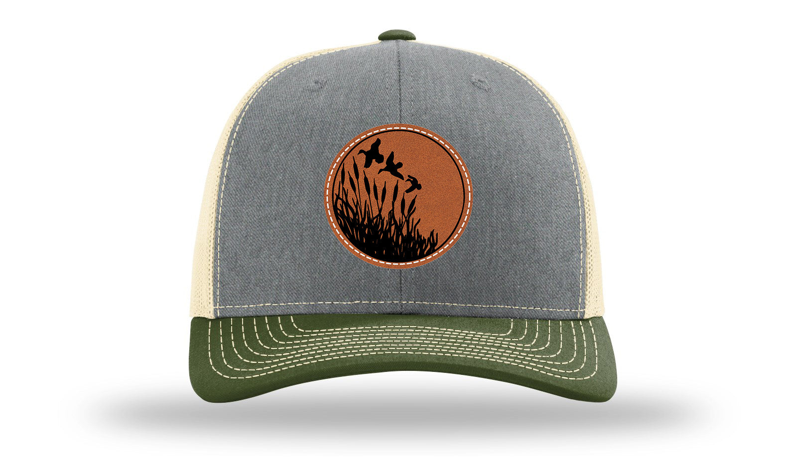 Ducks Fly Over Reeds Leather Patch Richardson 112 Hat-Heather Grey / Birch / Army Olive