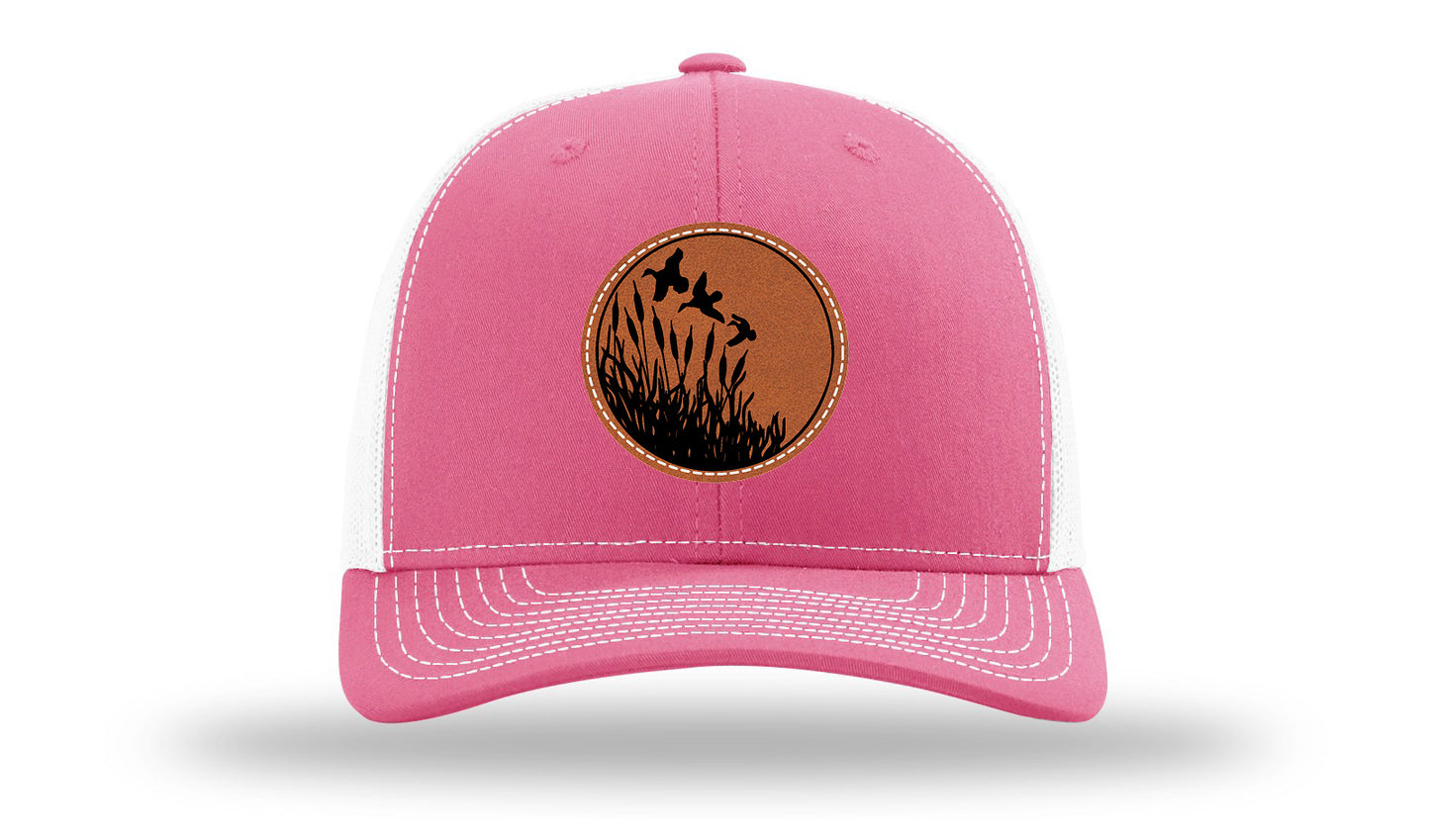 Ducks Fly Over Reeds Leather Patch Richardson 112 Hat-Hot Pink / White