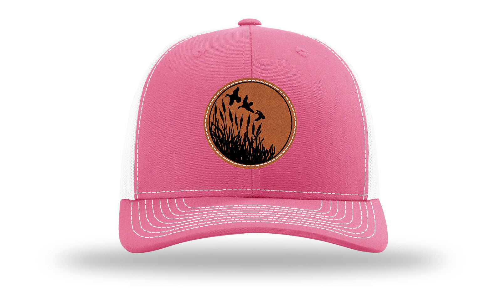 Ducks Fly Over Reeds Leather Patch Richardson 112 Hat-Hot Pink / White