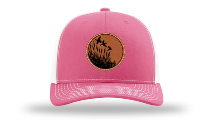 Ducks Fly Over Reeds Leather Patch Richardson 112 Hat-Hot Pink / White