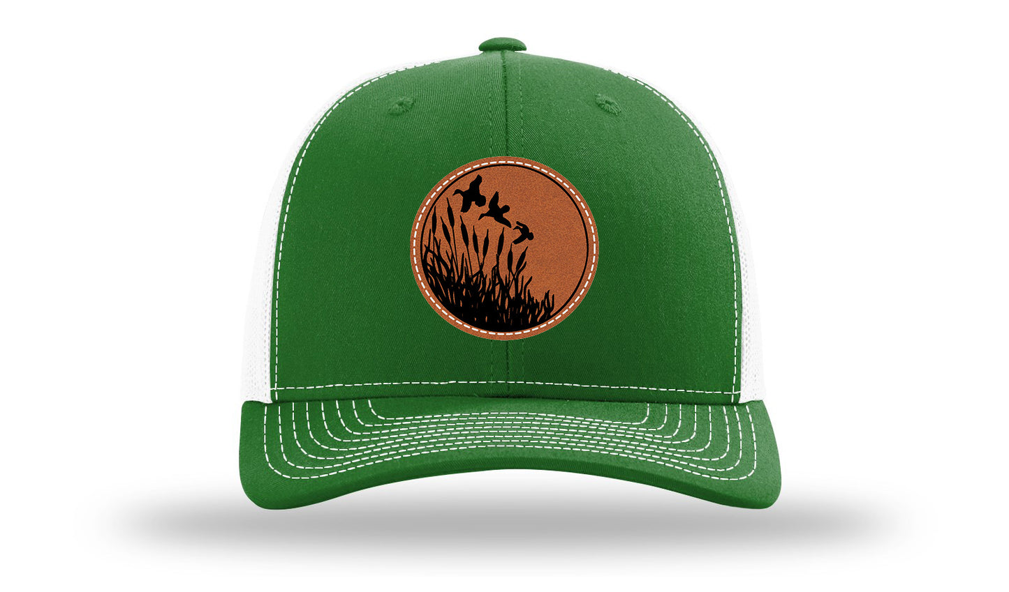 Ducks Fly Over Reeds Leather Patch Richardson 112 Hat-Kelly / White
