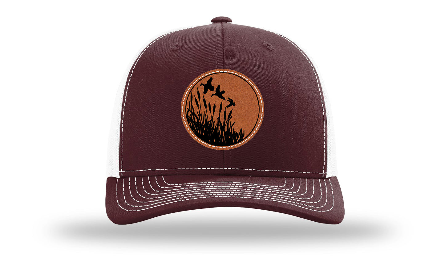 Ducks Fly Over Reeds Leather Patch Richardson 112 Hat-Maroon / White