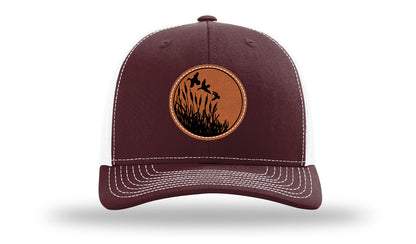 Ducks Fly Over Reeds Leather Patch Richardson 112 Hat-Maroon / White