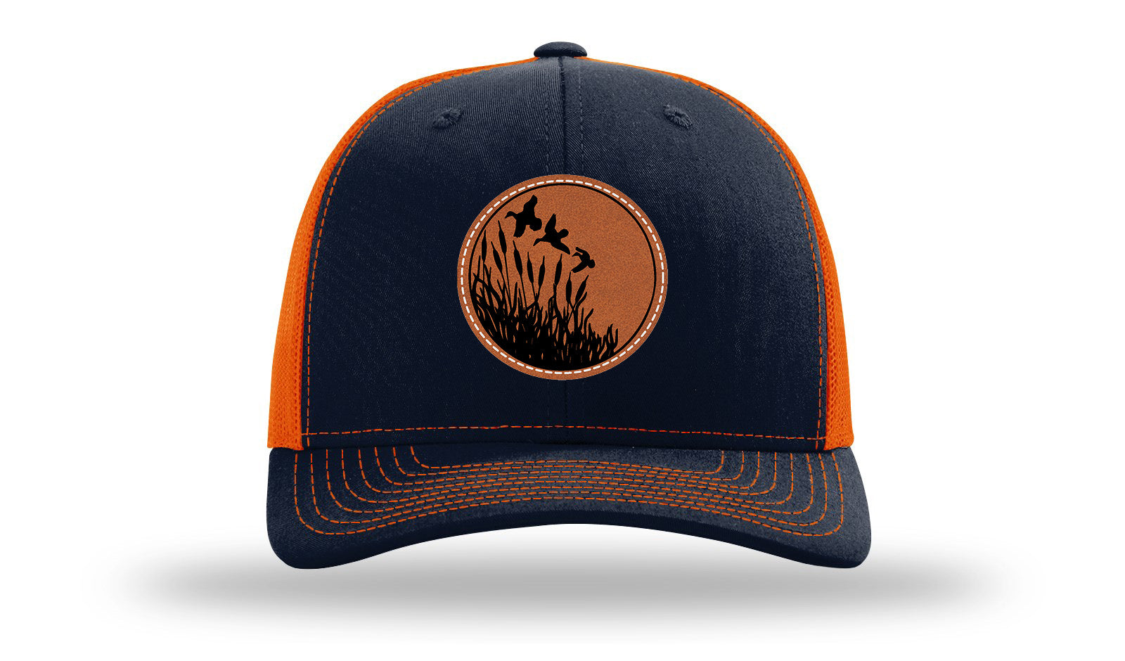 Ducks Fly Over Reeds Leather Patch Richardson 112 Hat-Navy / Orange