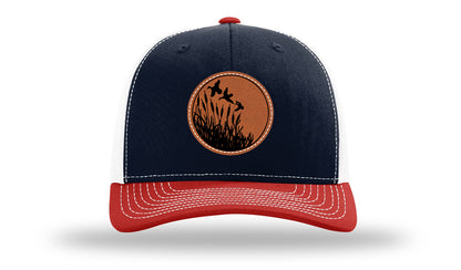 Ducks Fly Over Reeds Leather Patch Richardson 112 Hat-Navy / White / Red