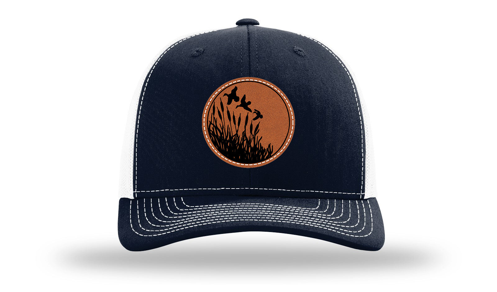 Ducks Fly Over Reeds Leather Patch Richardson 112 Hat-Navy / White