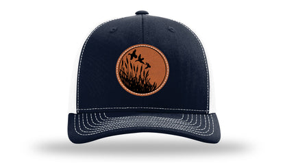 Ducks Fly Over Reeds Leather Patch Richardson 112 Hat-Navy / White
