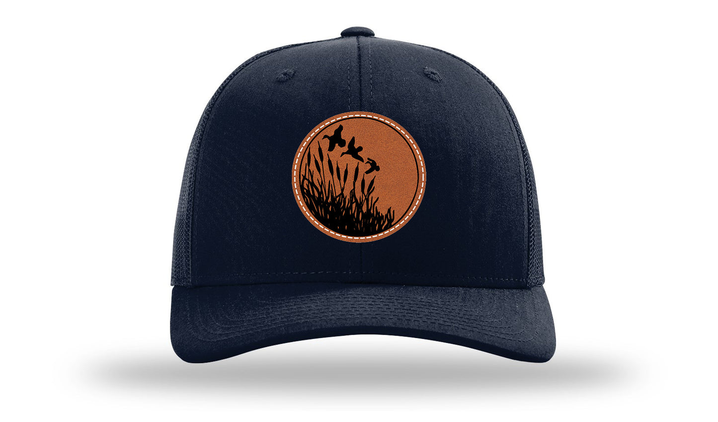 Ducks Fly Over Reeds Leather Patch Richardson 112 Hat-Navy