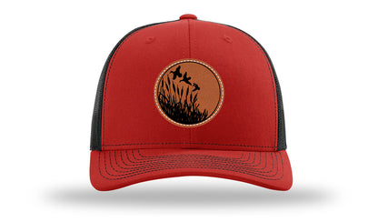 Ducks Fly Over Reeds Leather Patch Richardson 112 Hat-Red / Black