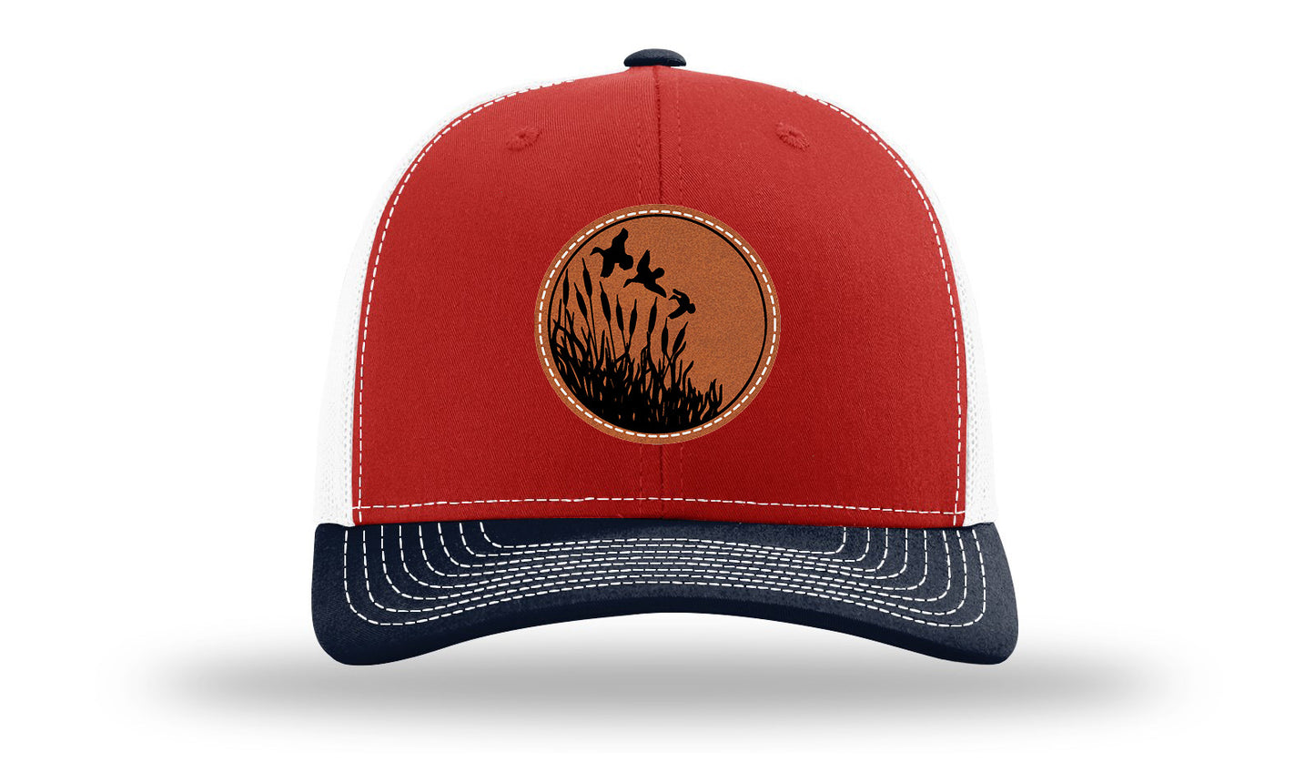 Ducks Fly Over Reeds Leather Patch Richardson 112 Hat-Red / White / Navy