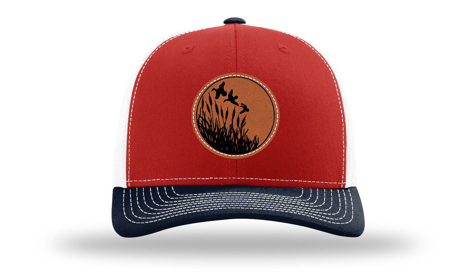 Ducks Fly Over Reeds Leather Patch Richardson 112 Hat-Red / White / Navy