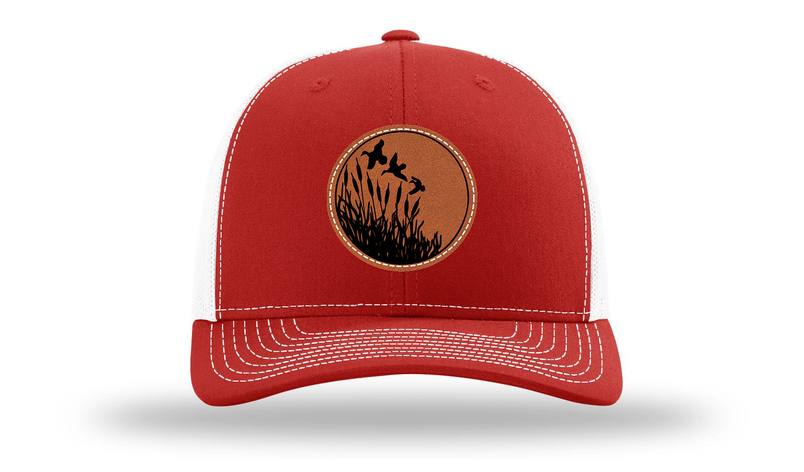 Ducks Fly Over Reeds Leather Patch Richardson 112 Hat-Red / White