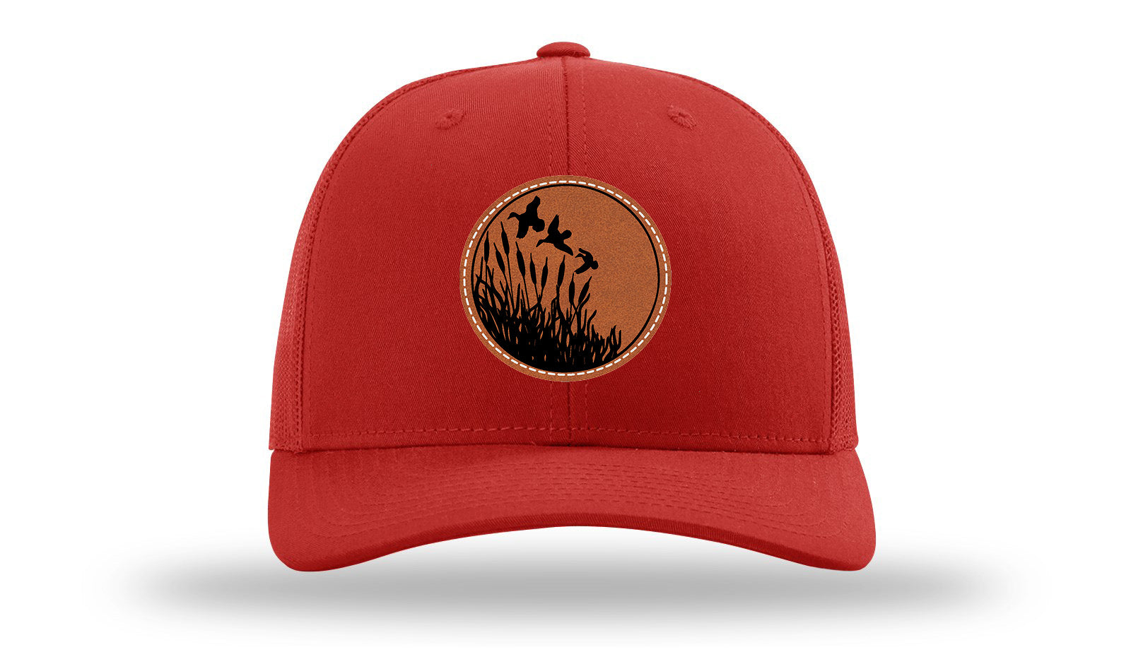 Ducks Fly Over Reeds Leather Patch Richardson 112 Hat-Red