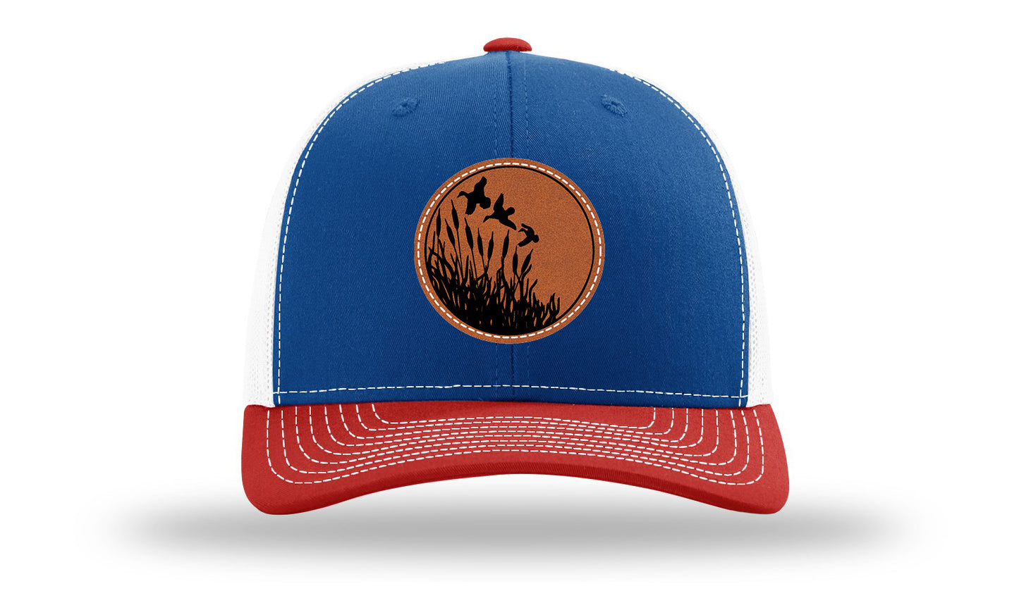 Ducks Fly Over Reeds Leather Patch Richardson 112 Hat-Royal / White / Red