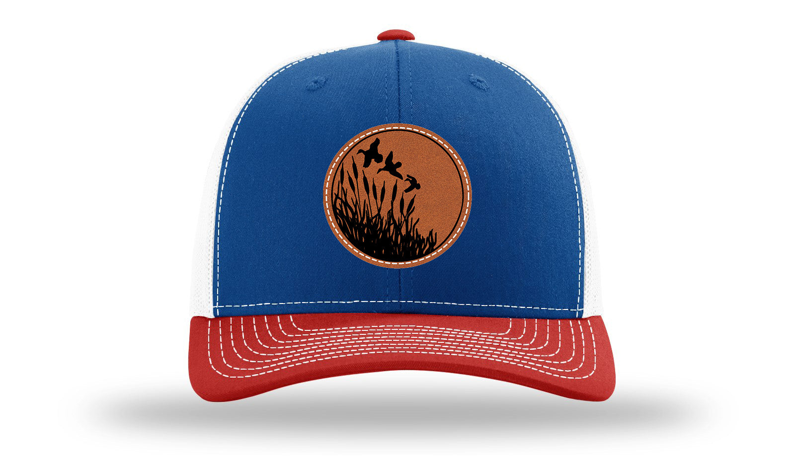 Ducks Fly Over Reeds Leather Patch Richardson 112 Hat-Royal / White / Red