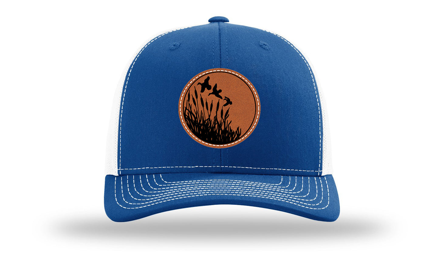 Ducks Fly Over Reeds Leather Patch Richardson 112 Hat-Royal / White
