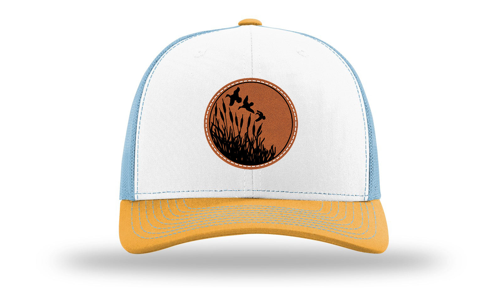 Ducks Fly Over Reeds Leather Patch Richardson 112 Hat-White / Columbia Blue / Yellow